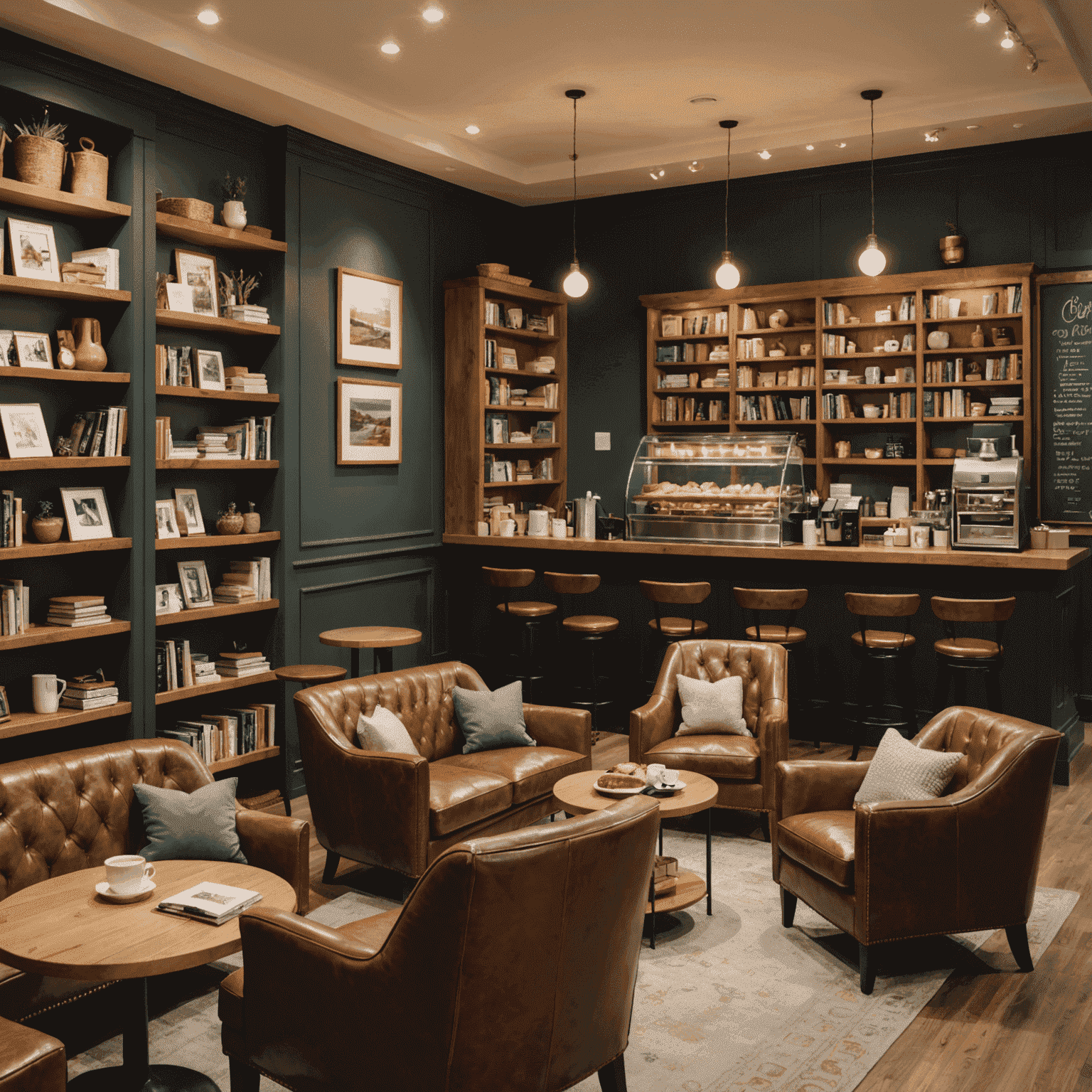 Interior of CoffeeCaker cafe, showing cozy seating areas with plush armchairs, warm lighting, and shelves lined with books. Customers are seen enjoying coffee and pastries in a relaxed atmosphere.