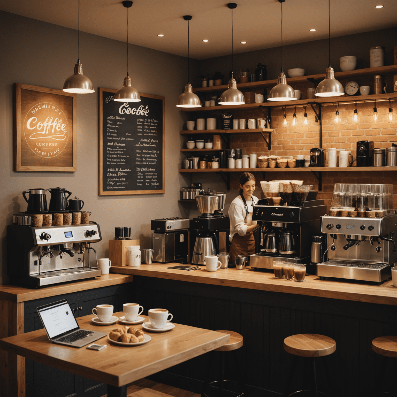 A cozy cafe interior with warm lighting, comfortable seating, and a counter displaying various coffee brewing equipment and pastries. Customers are seen enjoying their coffee and working on laptops.