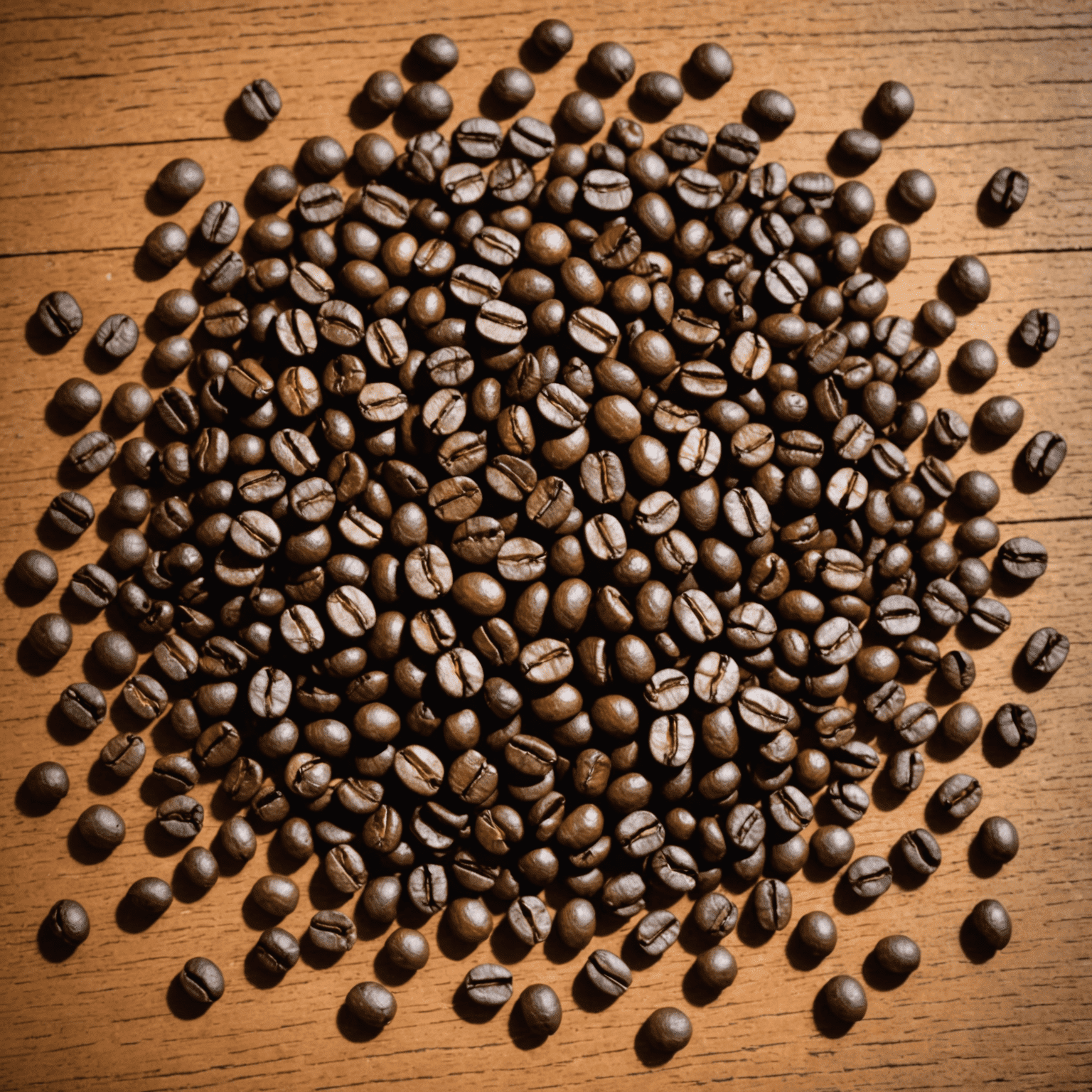 Various types of coffee beans arranged on a wooden table, showcasing different roasts and origins