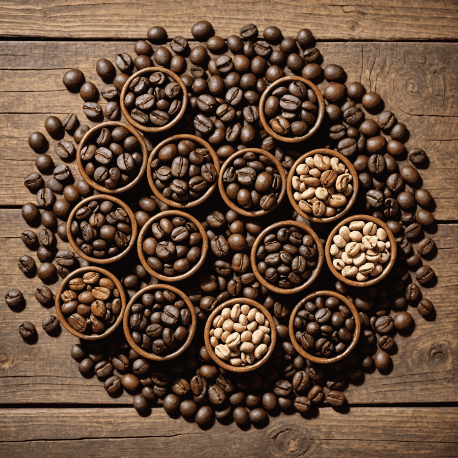 Various types of coffee beans arranged on a rustic wooden table, showcasing different roasts and origins