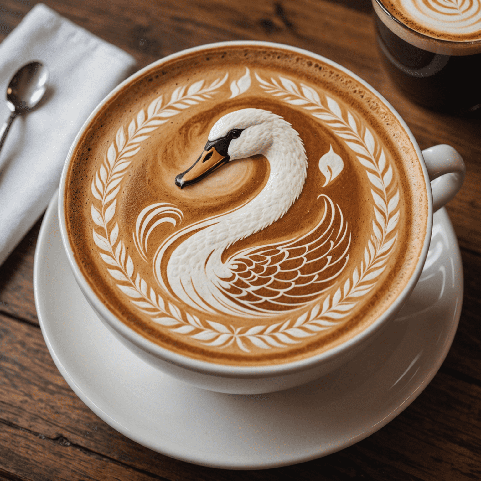 A barista creating intricate latte art with a swan design on top of a cappuccino