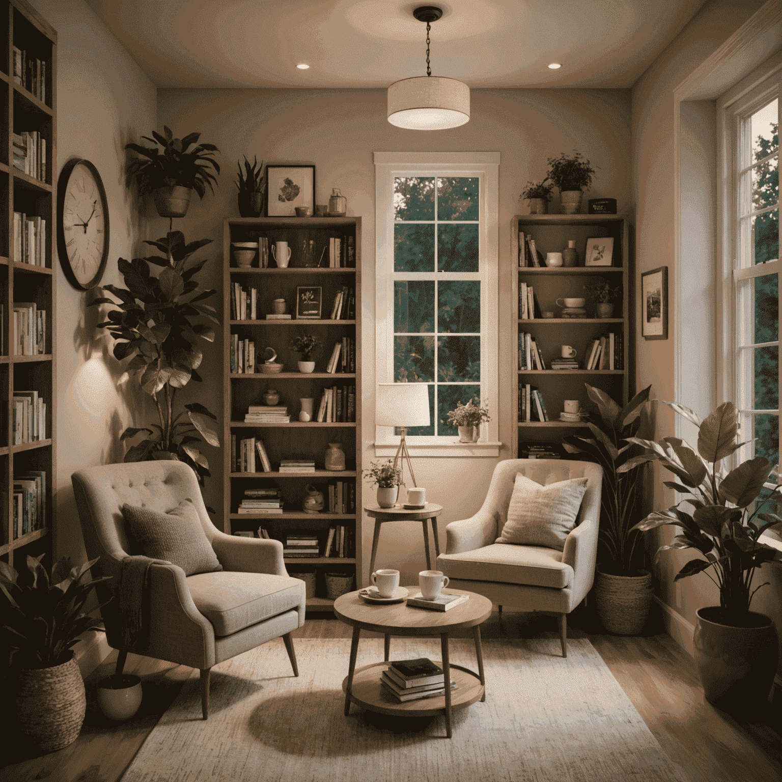 A cozy coffee nook with a comfortable armchair, small side table with a steaming cup of coffee, and a bookshelf nearby. Soft lighting and plants add to the relaxing atmosphere.