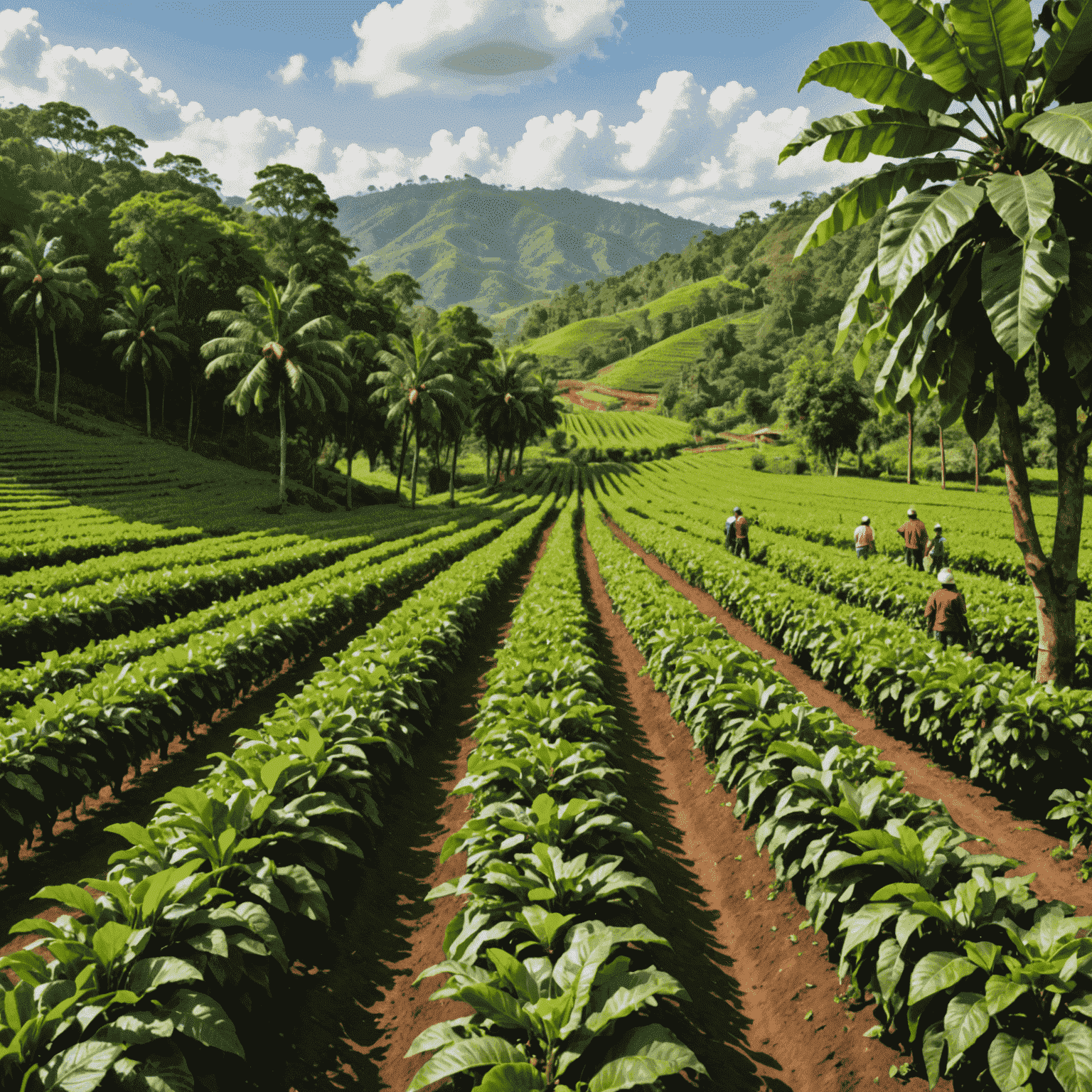 A panoramic view of a lush coffee plantation with rows of coffee plants stretching into the distance. Workers can be seen carefully tending to the plants.