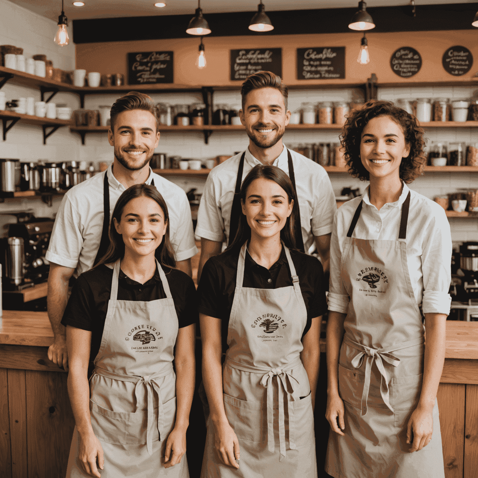 The CoffeeCaker team standing together in front of the cafe counter. They are wearing matching aprons and smiling warmly at the camera. The diverse group includes baristas and bakers of various ages.