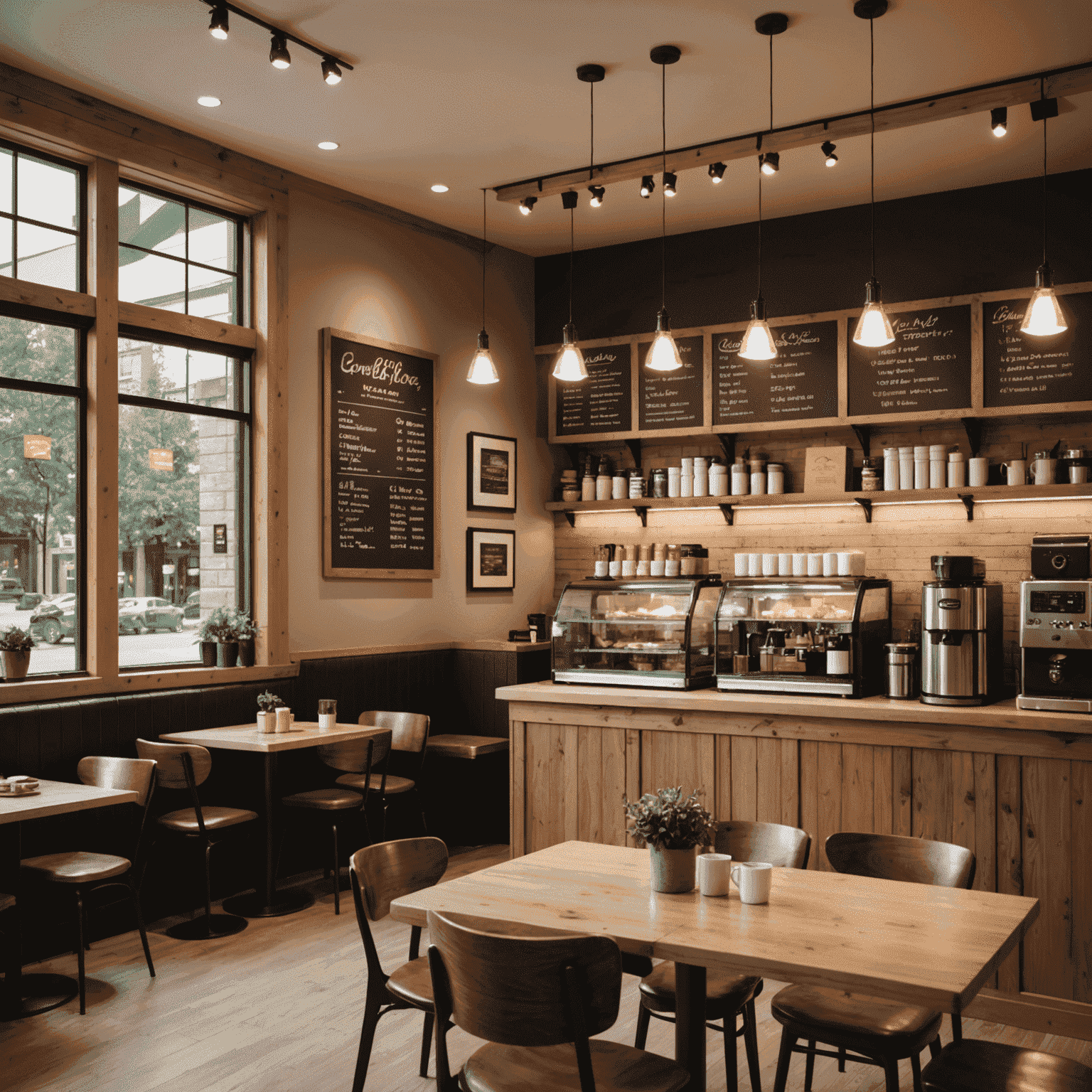 A warm and inviting Canadian coffee shop interior with wooden furnishings and soft lighting