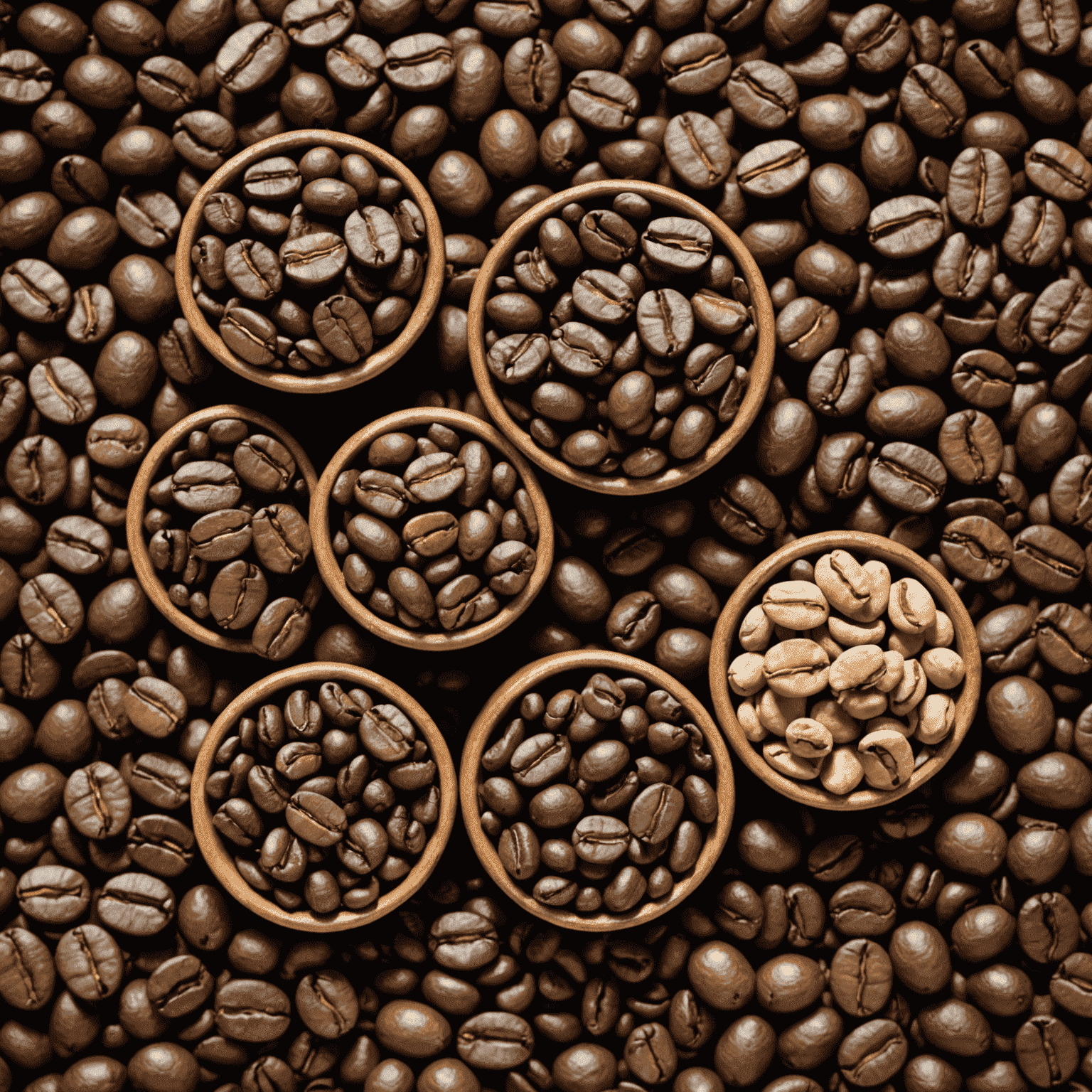 Four distinct piles of coffee beans labeled Arabica, Robusta, Liberica, and Excelsa, showcasing their different colors and shapes