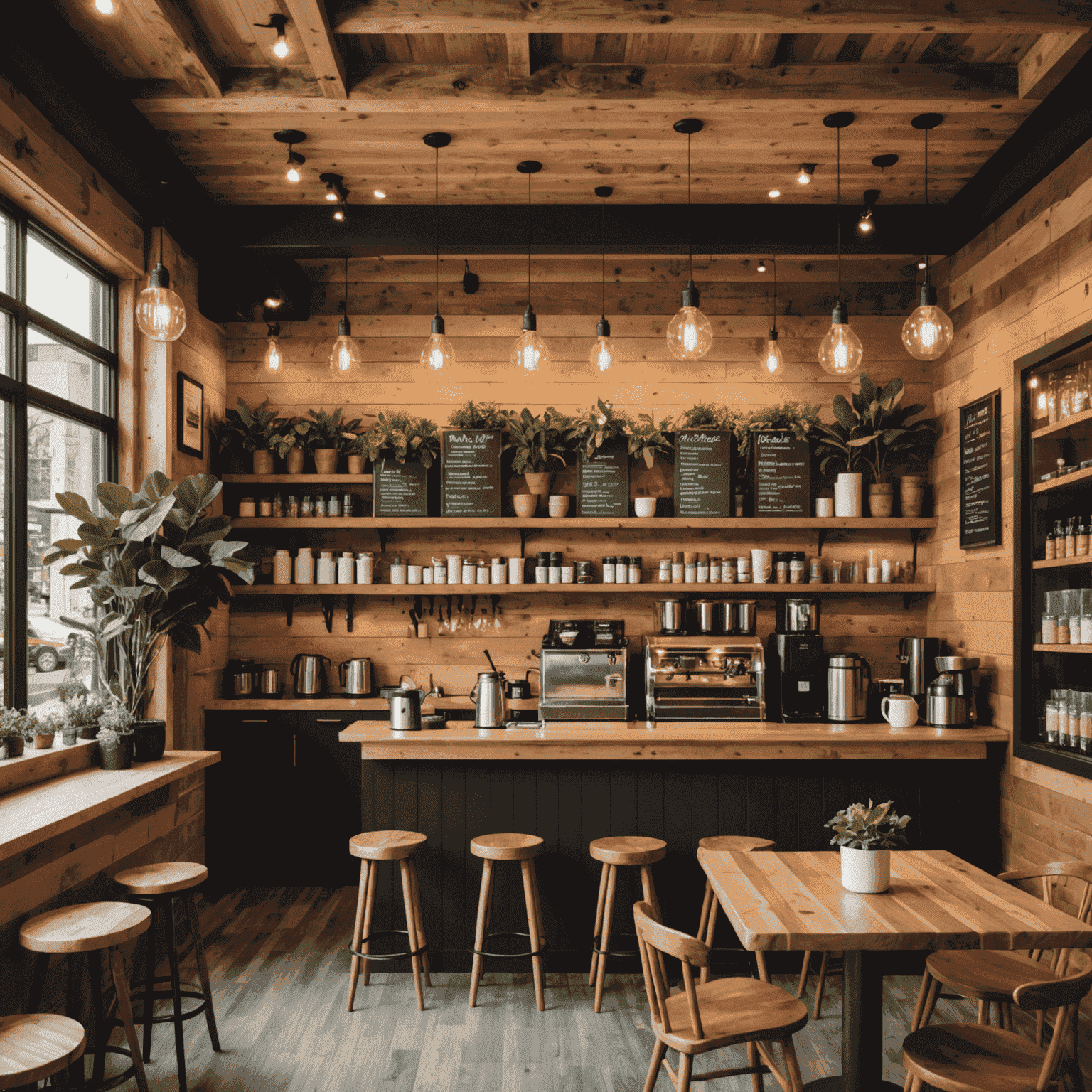 The Rustic Bean coffee shop in Vancouver with wooden interiors, plants, and customers enjoying coffee