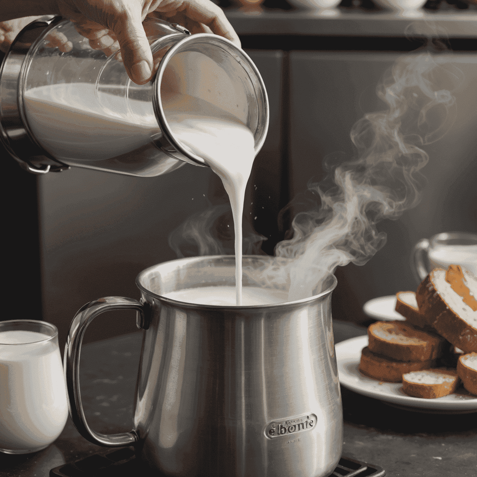 A close-up of milk being steamed in a metal pitcher, with visible microfoam forming on the surface