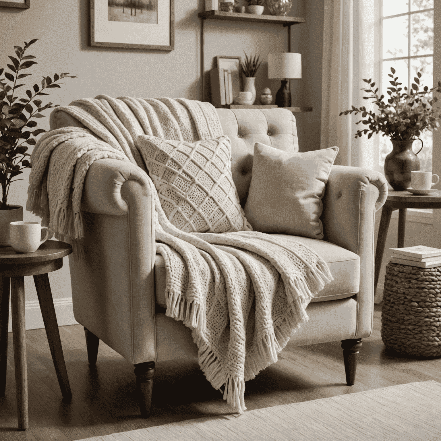 A close-up of a comfortable armchair with a soft throw blanket and decorative pillows, perfect for a coffee nook