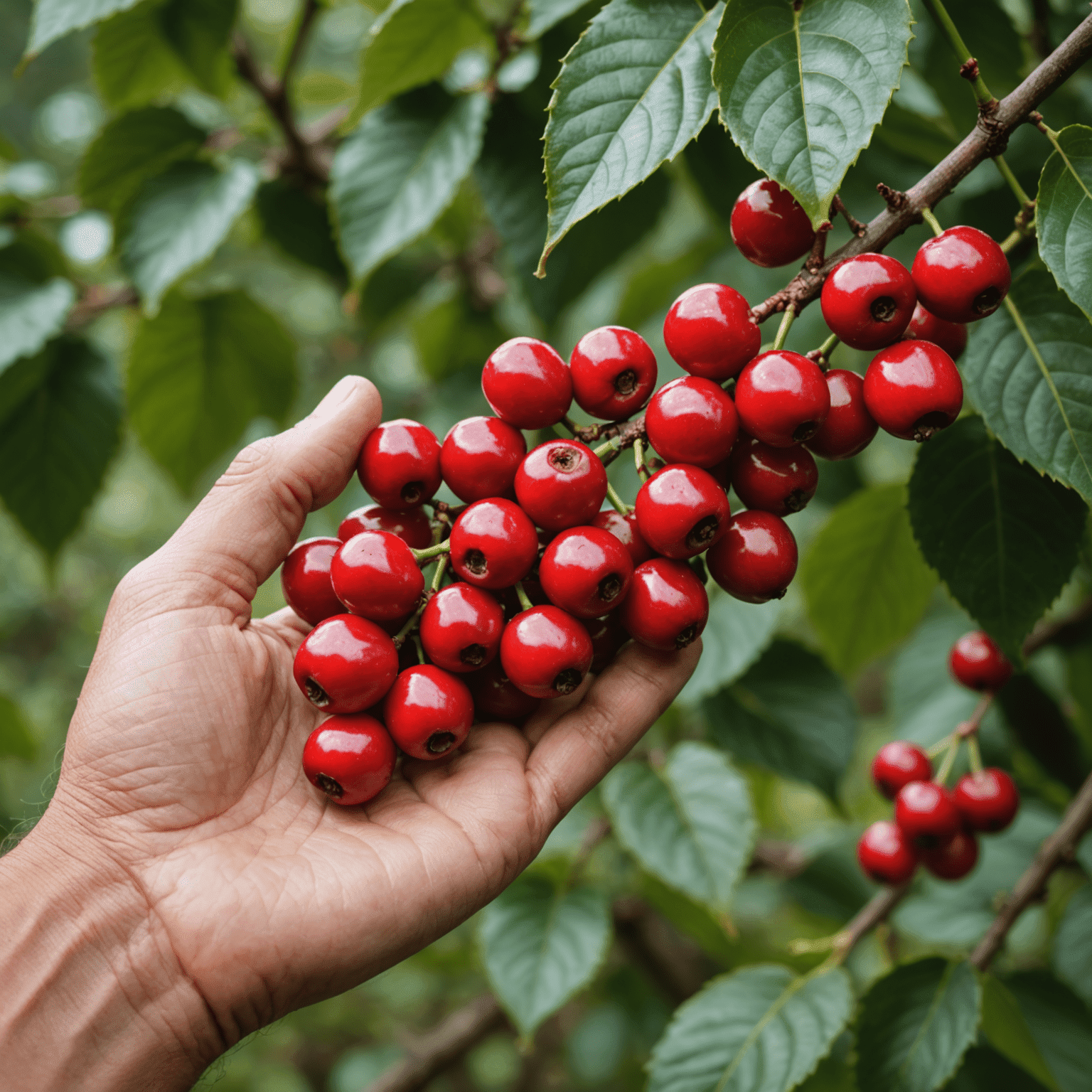 Close-up of ripe, red coffee cherries on a branch, with a hand gently touching them to check for ripeness.