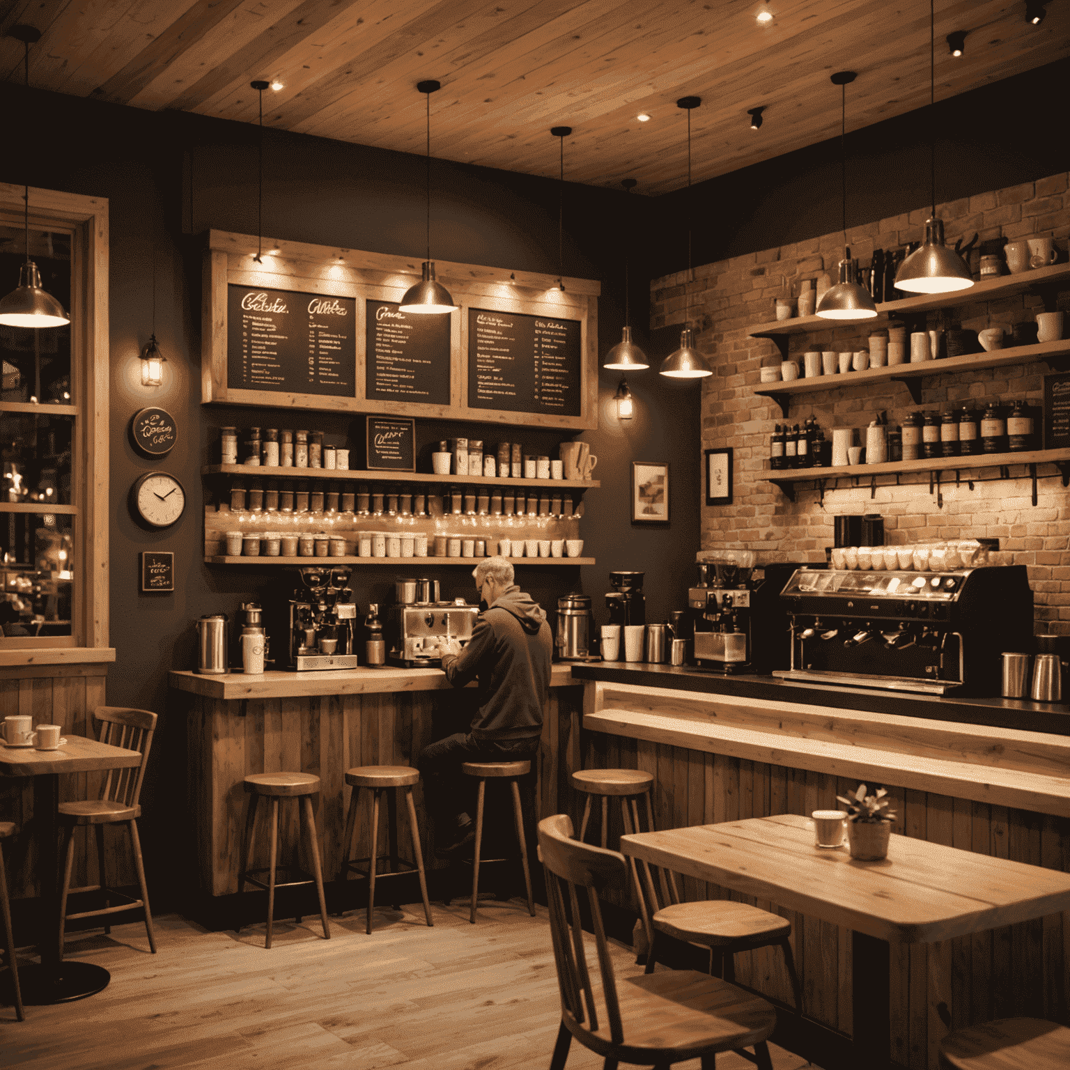 A cozy Canadian coffee shop interior with warm lighting, wooden furnishings, and customers enjoying their coffee