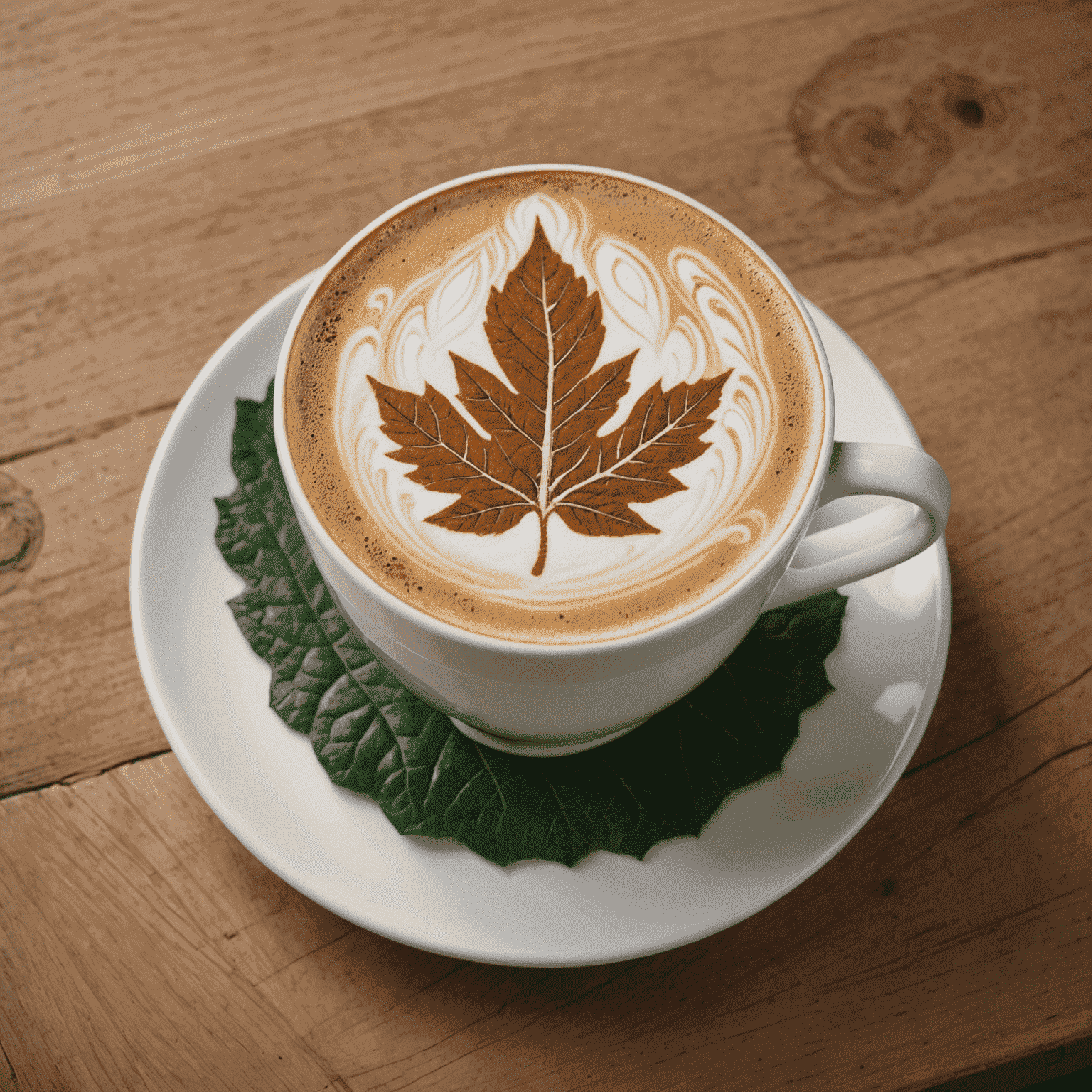 A beautifully crafted latte with intricate leaf design in the foam