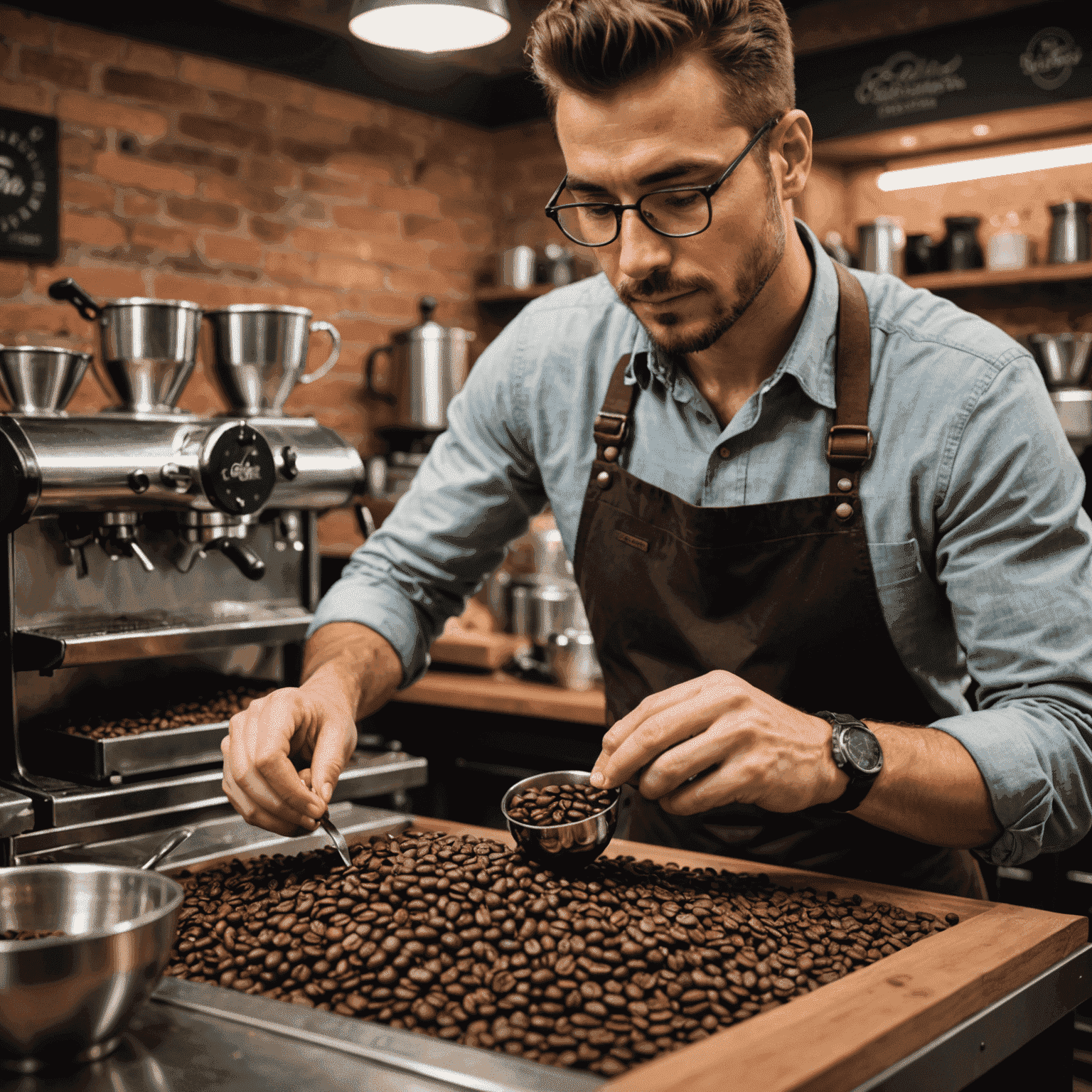 A barista carefully examining and smelling freshly roasted coffee beans, demonstrating the importance of selecting quality beans