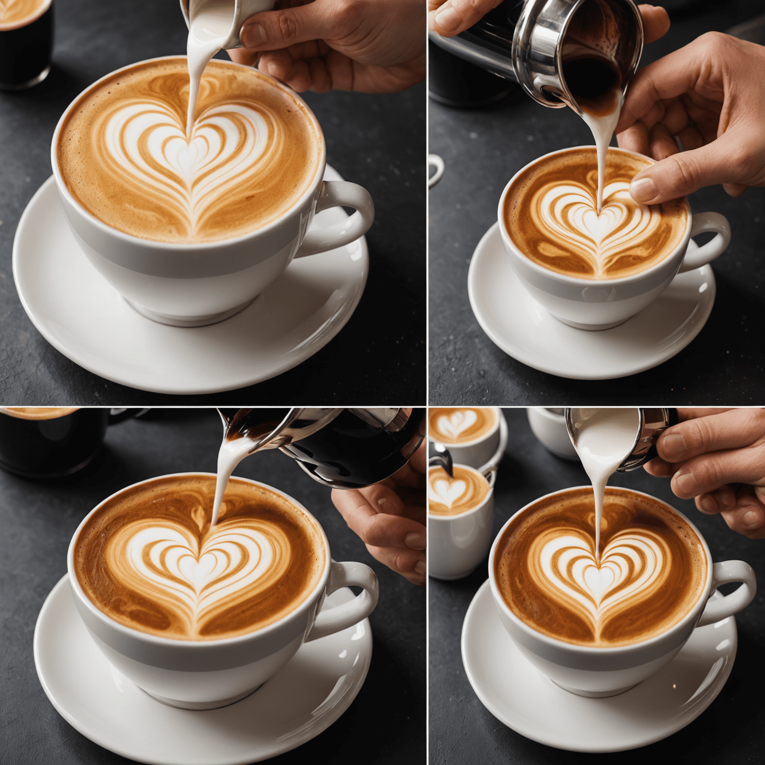 A sequence of images showing the process of pouring steamed milk into espresso to create a heart-shaped latte art design