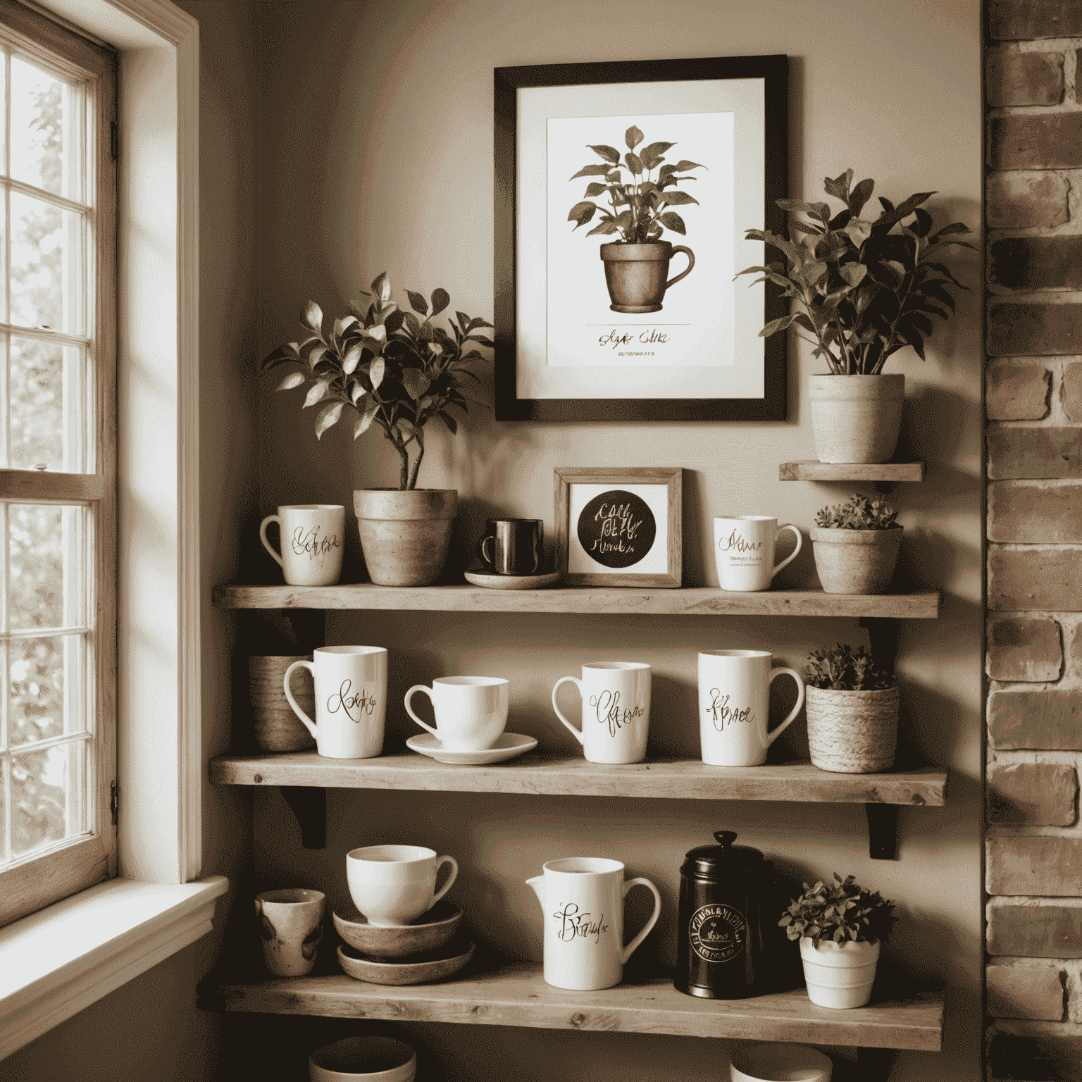 A personalized coffee nook with framed artwork, a collection of unique coffee mugs, and a small potted plant on a rustic wooden shelf