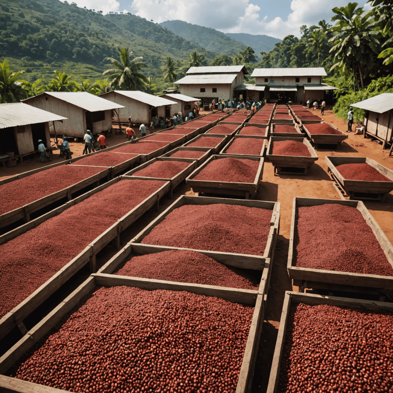 A series of images showing coffee cherries being processed: depulping, fermentation tanks, and drying beds with coffee beans spread out in the sun.