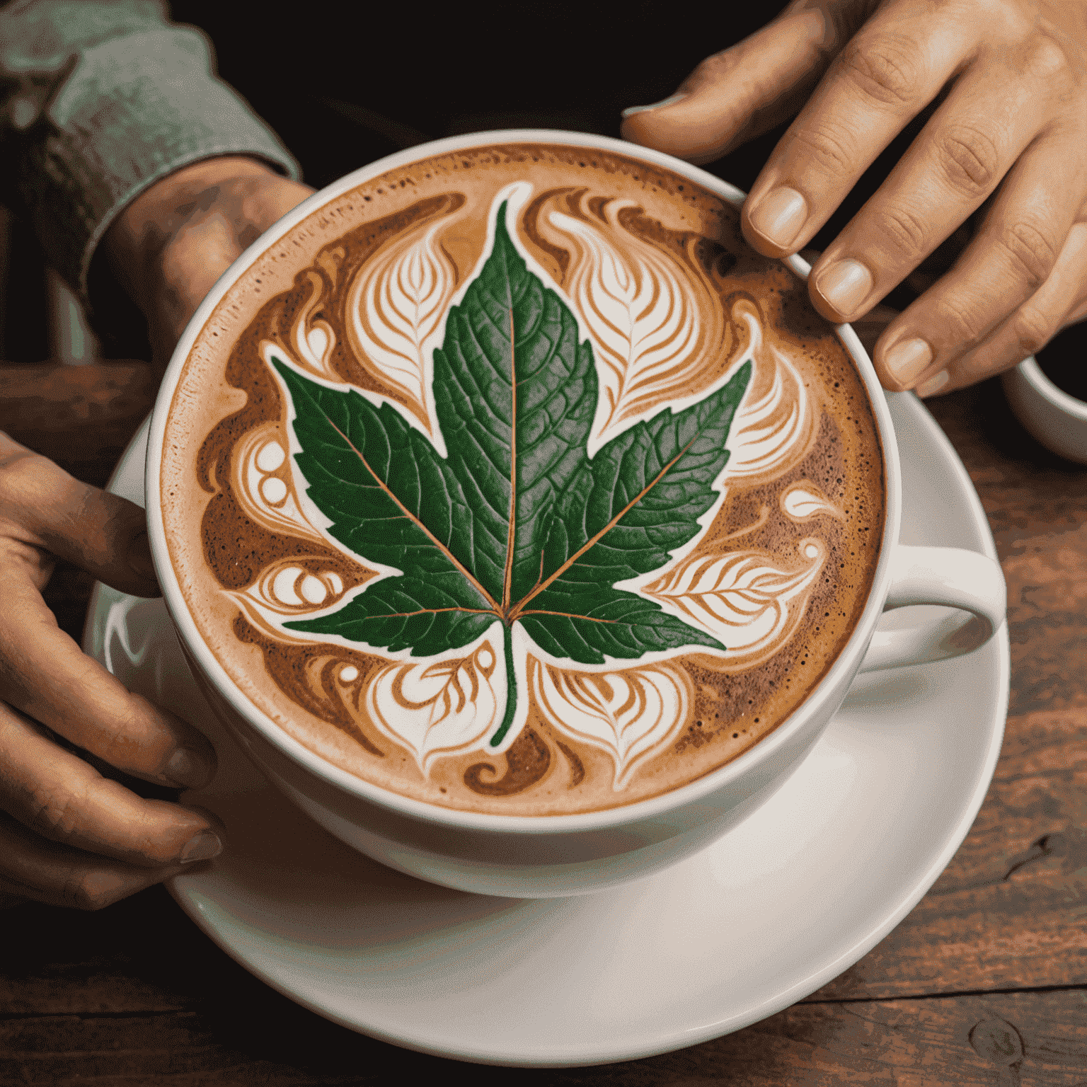 A barista creating intricate latte art on a cappuccino, showcasing a beautiful leaf design