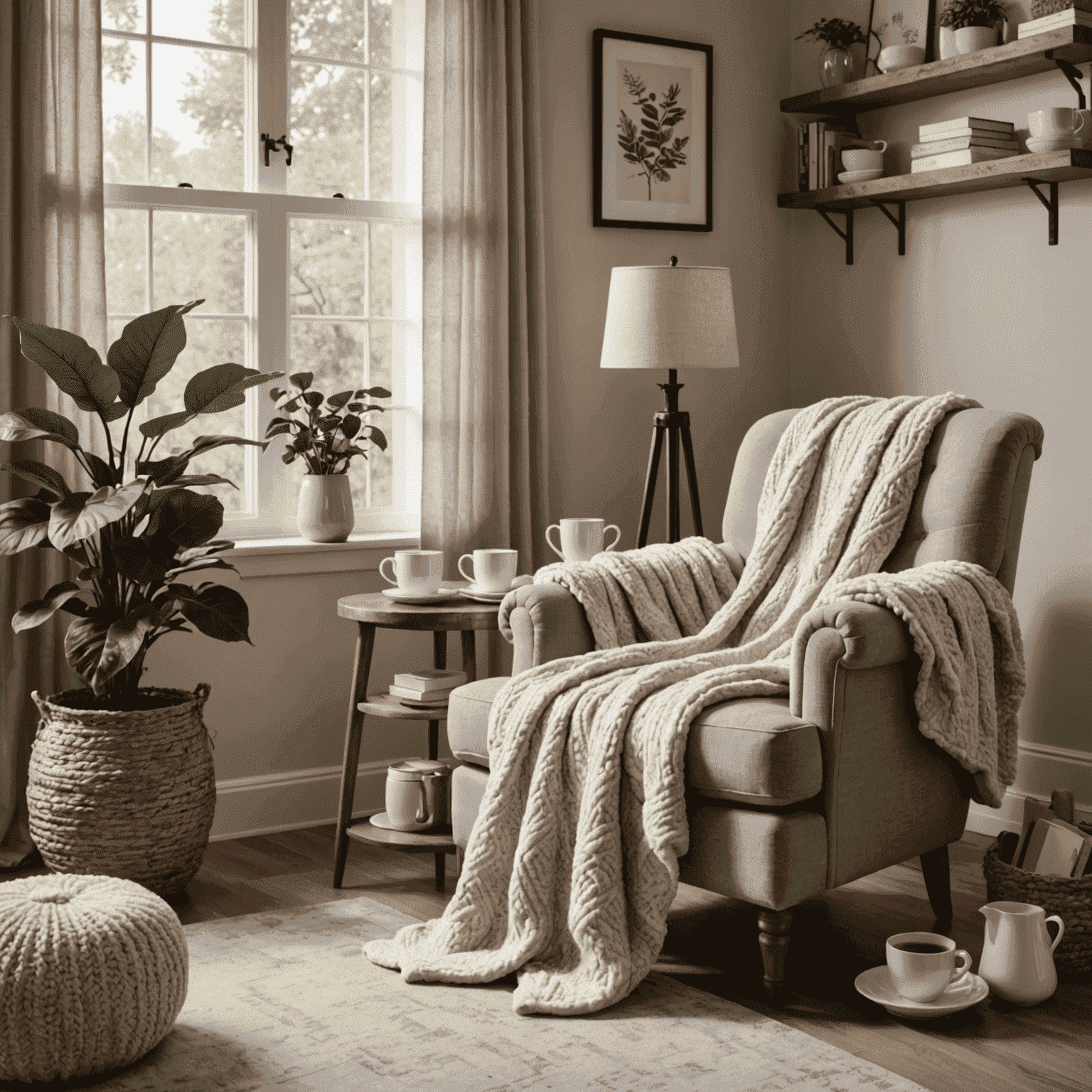 A comfortable home coffee nook with a plush armchair, soft throw blanket, and a steaming cup of coffee on a side table