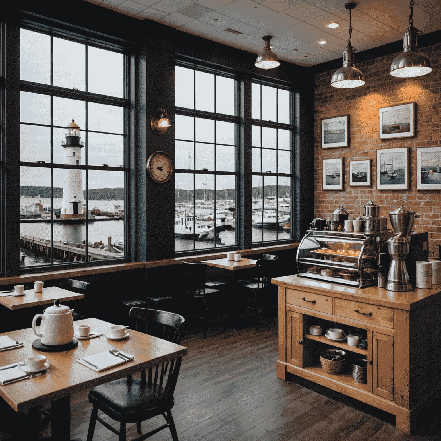 The Lighthouse Roasters in Halifax with nautical-themed decor, large windows overlooking the harbor, and customers enjoying coffee