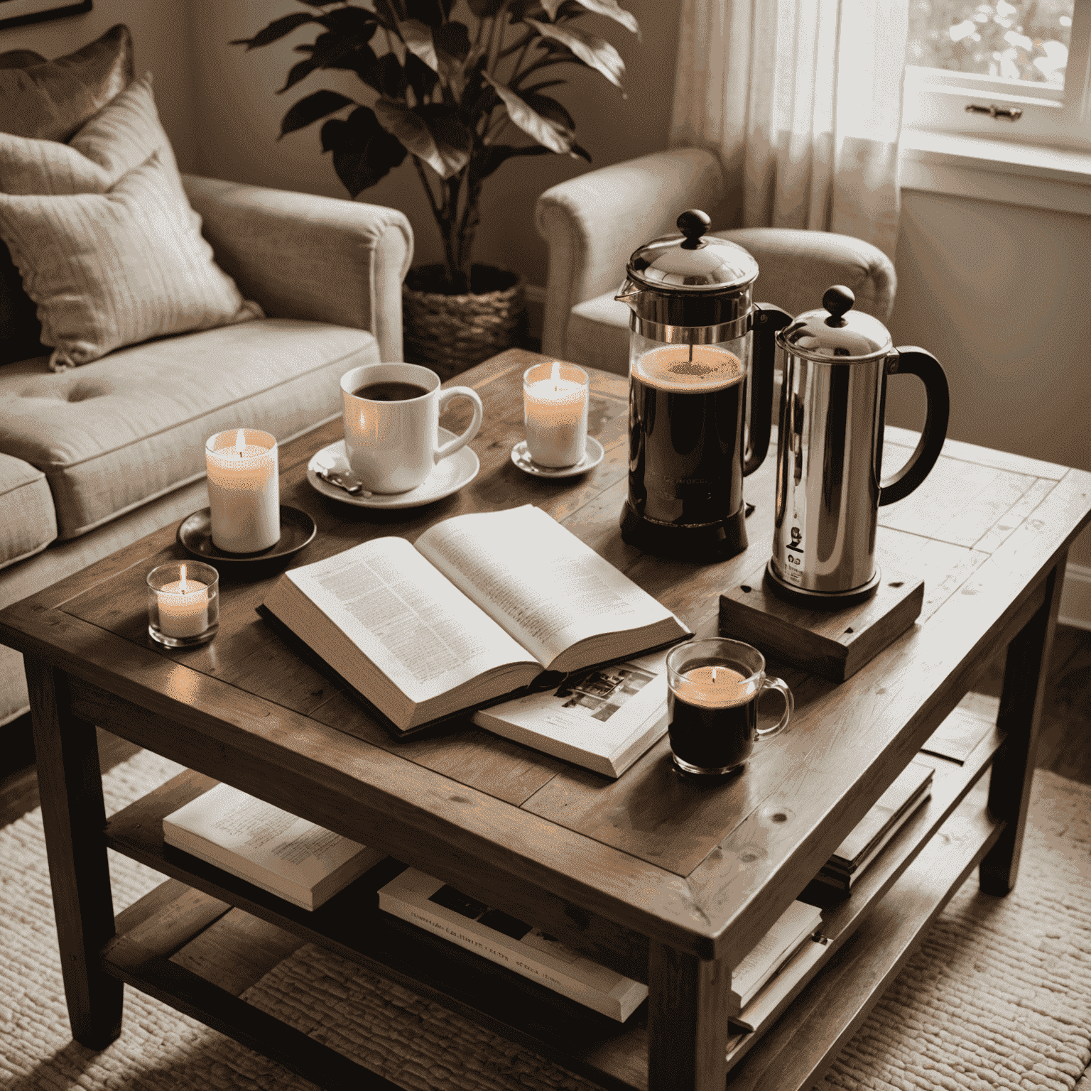 A coffee table in a cozy nook featuring a French press, a coffee-scented candle, and an open book, creating an inviting atmosphere