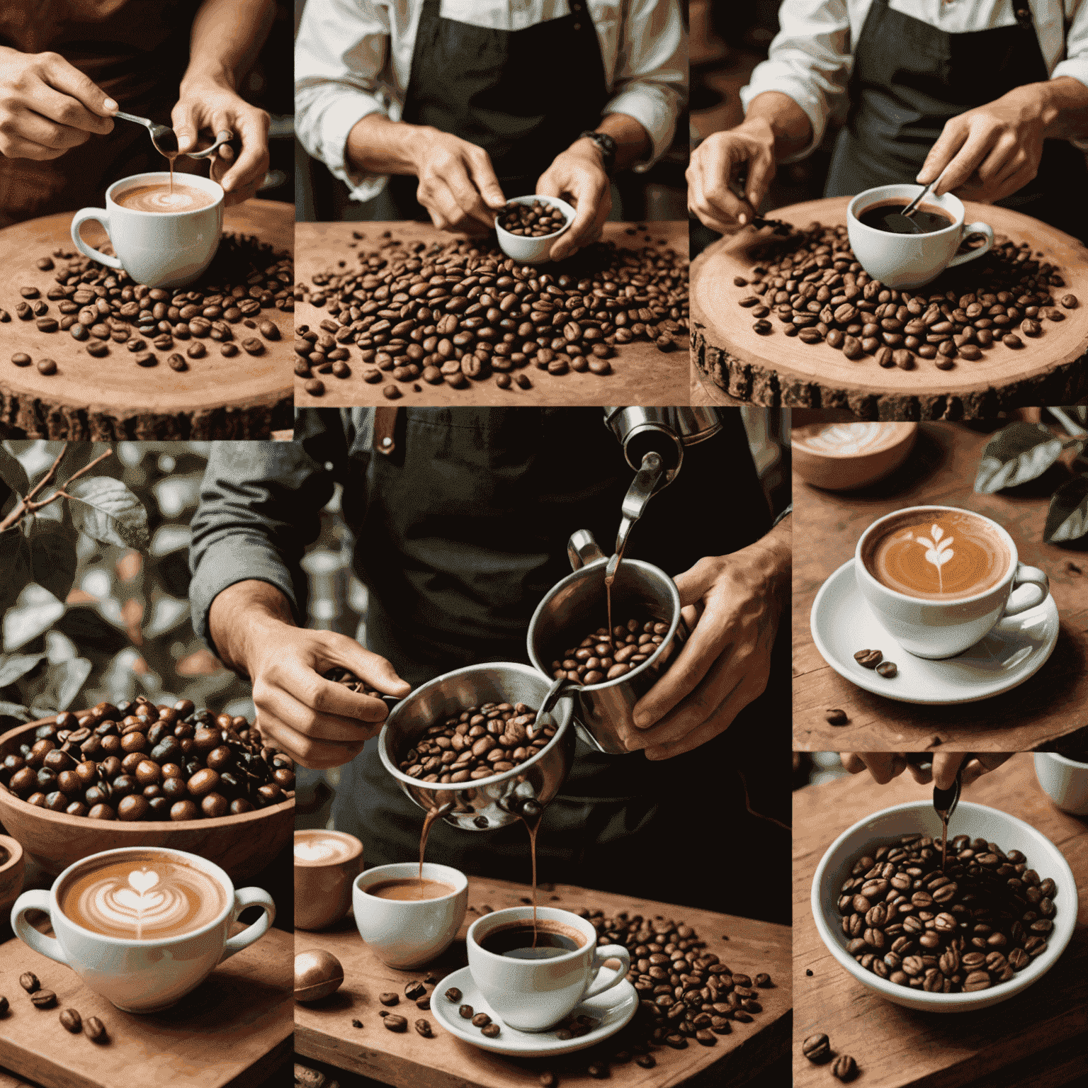 A collage showing the coffee production process: coffee cherries on a branch, roasted beans, and a barista preparing a cup