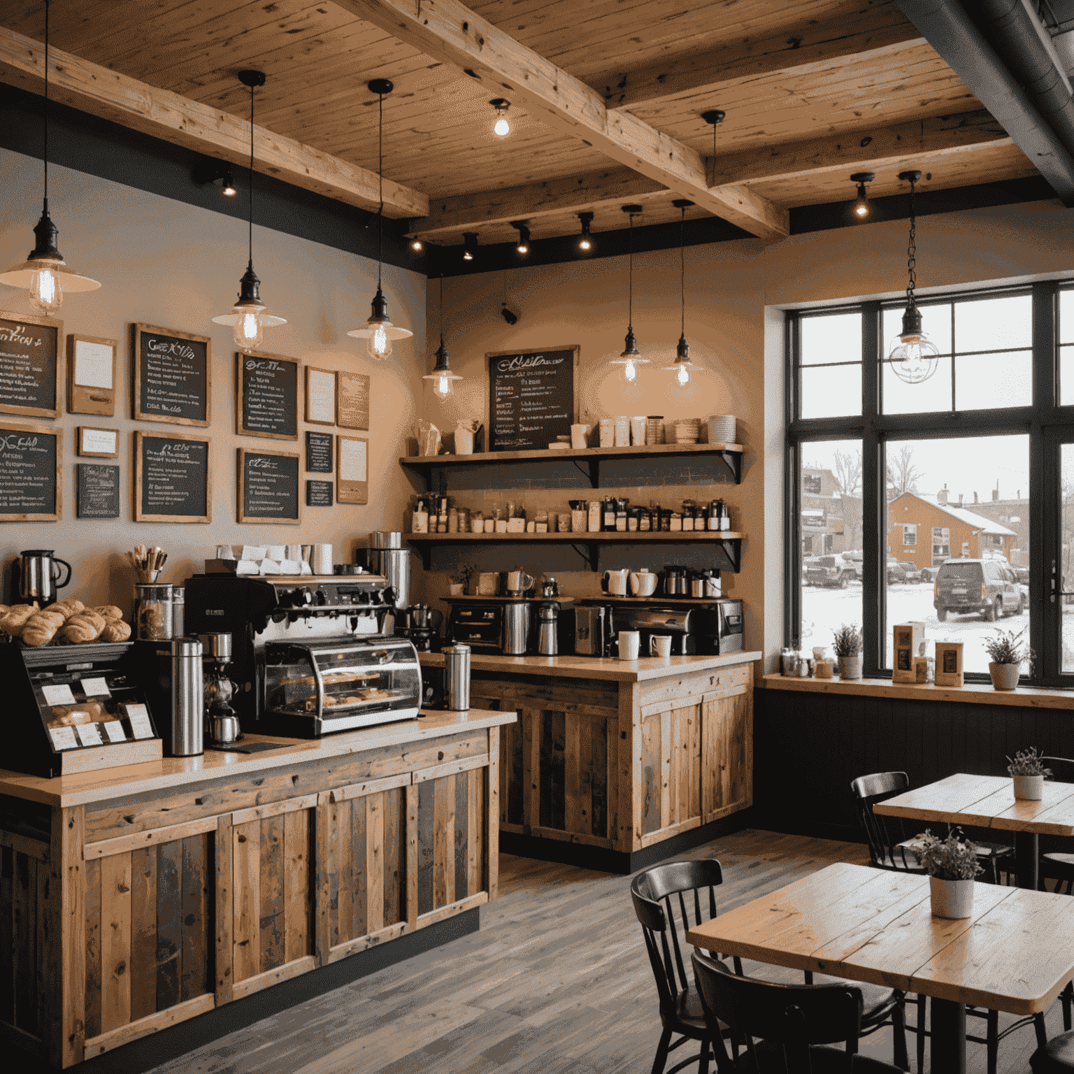 Prairie Perks coffee shop in Winnipeg with rustic farm-inspired decor, local art, and patrons enjoying coffee and pastries