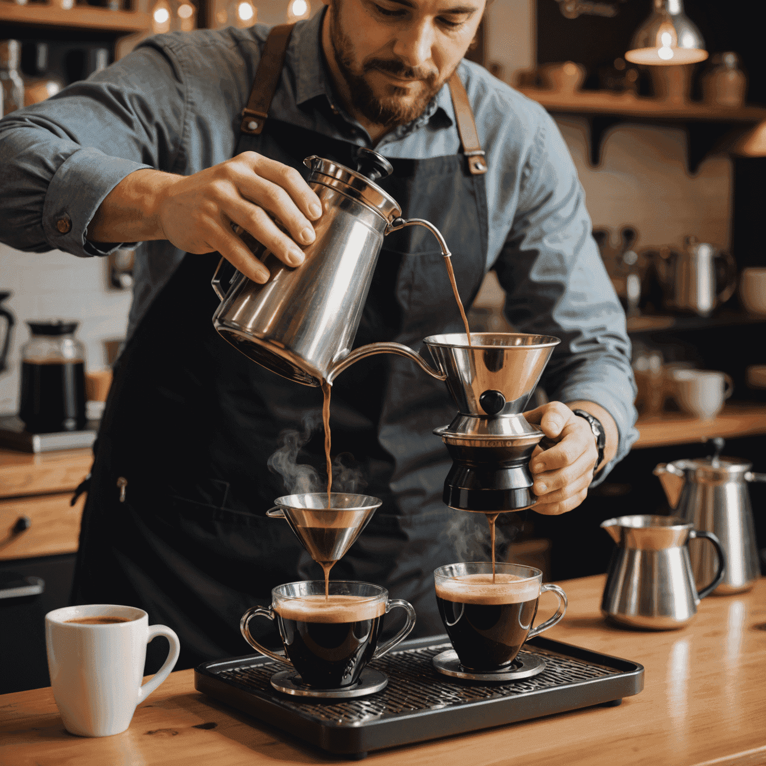 A barista at CoffeeCaker carefully pouring hot water over freshly ground coffee in a pour-over setup, with steam rising and a rich aroma implied.